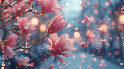   A close-up of a tree with pink flowers in the foreground and a hazy background of trees