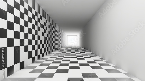 A perspective view of a room's grid-patterned corner. A 3D depiction of a room corner from an unconventional angle. An abstract geometric design background.