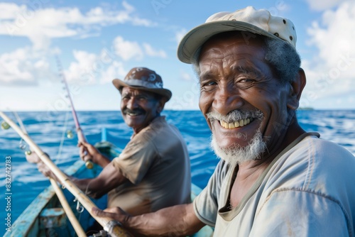 Mature Men Fishing Together on Boat in Ocean © mattegg