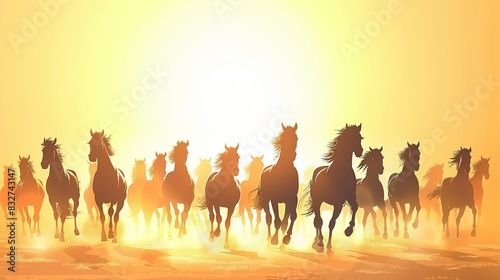 Background illustration featuring the silhouette of trotting horses, depicting a large herd of horses in motion.       © Azad