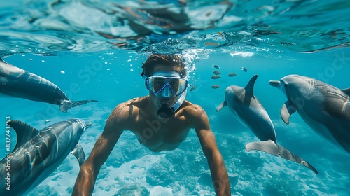 Concept of marine life, Man snorkeling with dolphins