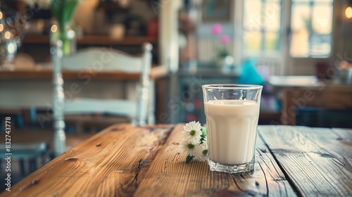 A transparent glass with milk and daisies lying nearby on a wooden table in a cozy kitchen. Copy space