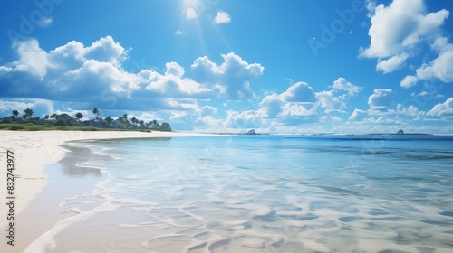 A Serene Tropical Beach with Crystal Clear Water and White Sand Under a Blue Sky with Puffy Clouds