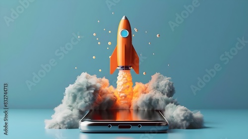 A rocket launching from a smartphone, symbolizing innovation and the power of technology.