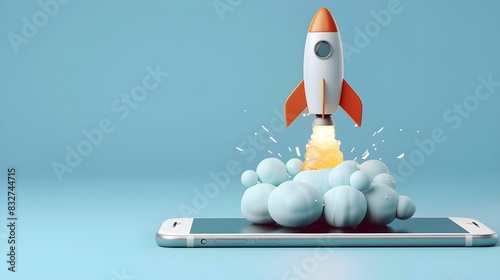 A rocket launching from a smartphone, symbolizing innovation and the power of technology.