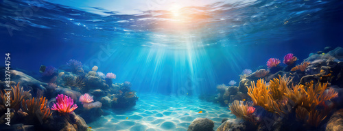 Beautiful blue ocean background with sunlight and undersea scene. Panorama with copy space.
