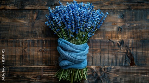  Bouquet of blue flowers wrapped in blue string on wooden background with knotted end