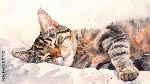 Sleepy striped cat napping painting in watercolor photo