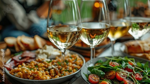  A photo of a wine glass sitting atop a table alongside plates of food  salad  and bread