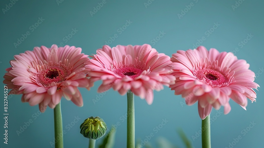 Three pink flowers with green stems in front of a light blue background Three pink flowers with green stems in front of a light blue background