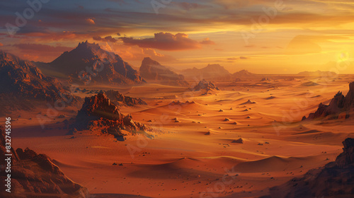 Stunning panoramic desert landscape under a warm sunset glow with dramatic clouds