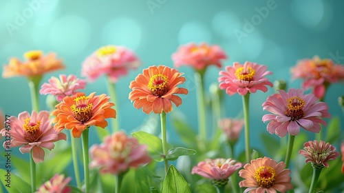   Pink and orange flowers surrounded by green foliage in the foreground  and a blue sky overhead
