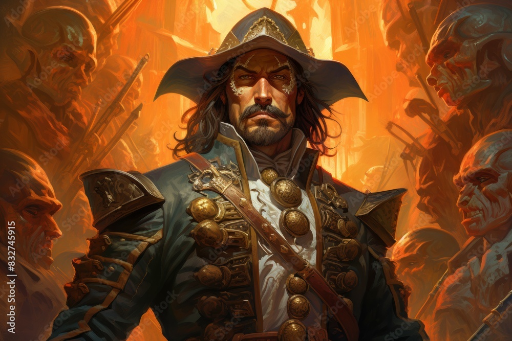 Obraz premium A legendary and feared pirate captain, commanding a crew of cutthroats and plundering the high seas. - Generative AI