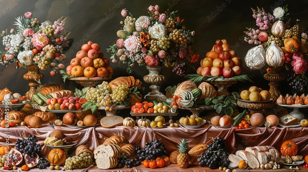 A painting depicts an array of fruits and veggies on a table under a draped cloth A painting depicts an array of fruits and veggies on a table under a draped cloth