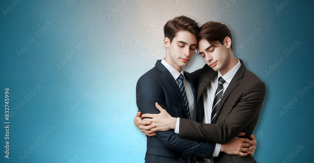 LGBTQ. Love and Friendship: Two boys in suits hugging each other with love, affection, respect and tenderness. LGBTQ. Love and Friendship: Two boys in suits hugging each other with love, affection, respect and tenderness.