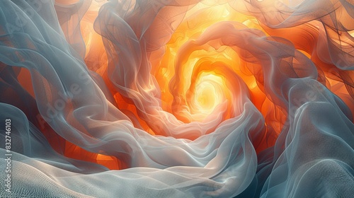  A swirling canvas of orange and white with a glowing tunnel centered in the frame