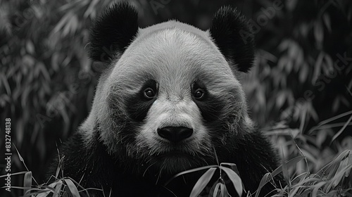   Black-and-white photo of panda bear looking wistful
