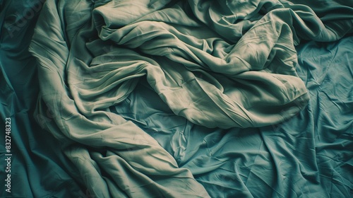   An unmade bed with a blue comforter and two white comforters stacked on top, and a blue sheet underneath photo