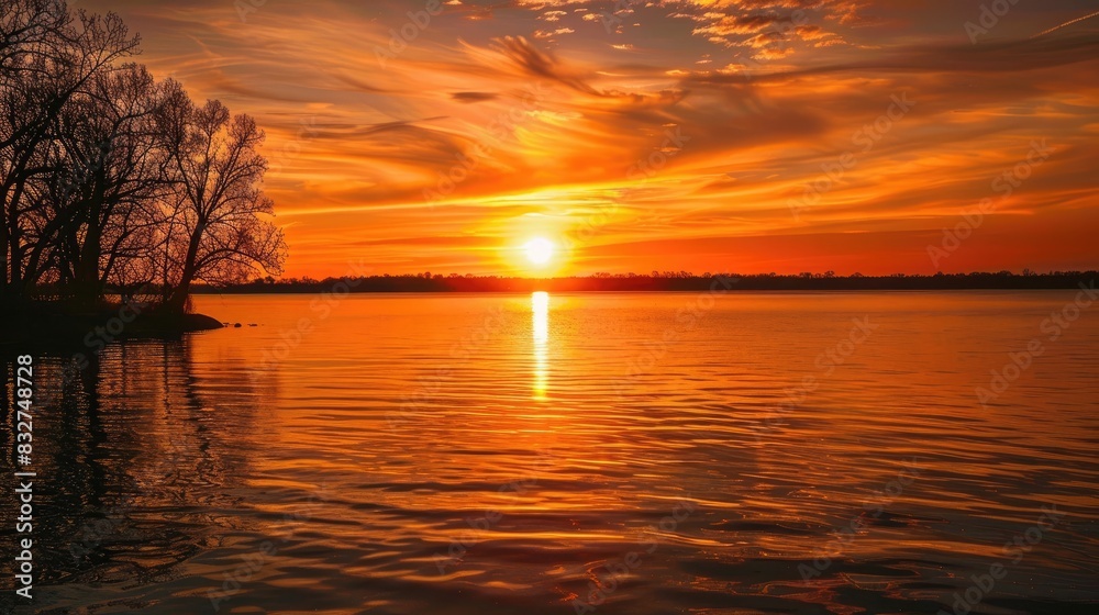 Fototapeta premium A stunning Midwestern sunset casting orange hues on peaceful lake waters