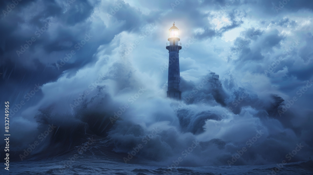 A lighthouse is shown in the midst of a stormy sea A lighthouse is shown in the midst of a stormy sea
