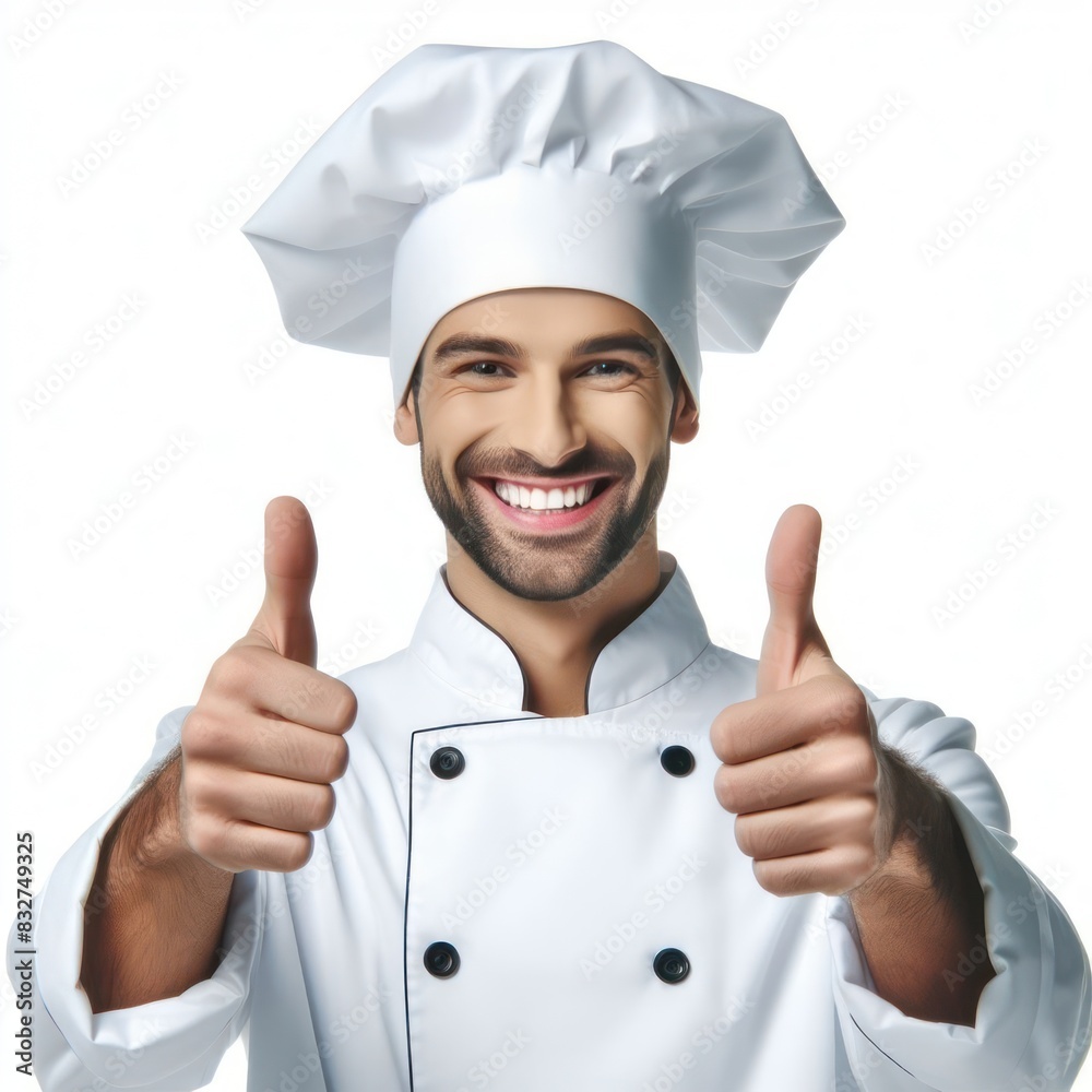 Cheerful chef showing thumbs up Isolated on white background Cheerful chef showing thumbs up Isolated on white background