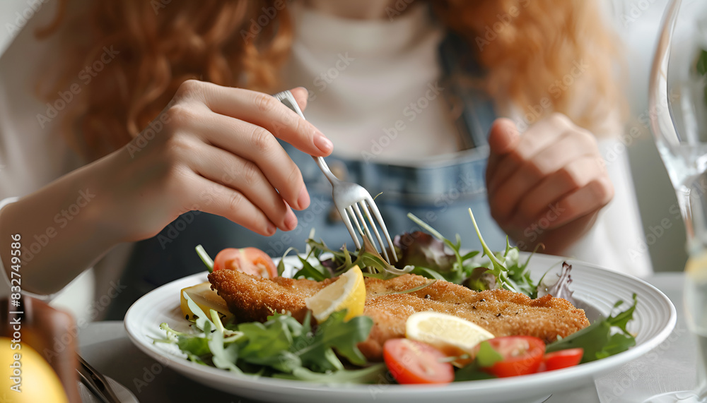 Woman eating delicious schnitzel with lemon and microgreens at grey table, closeup Woman eating delicious schnitzel with lemon and microgreens at grey table, closeup