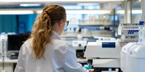 Lab technician in the lab, back view, organizing lab equipment, with test tubes and beakers on the bench photo