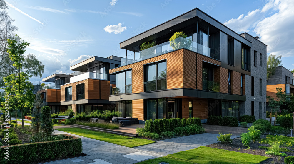 Luxury country house of modern architecture in green area, expensive real estate in the suburbs, contemporary cottage in minimalist style Luxury country house of modern architecture in green area, expensive real estate in the suburbs, contemporary cottage in minimalist style