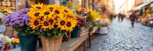 City flower market with blurred background, ideal for text placement and creative designs