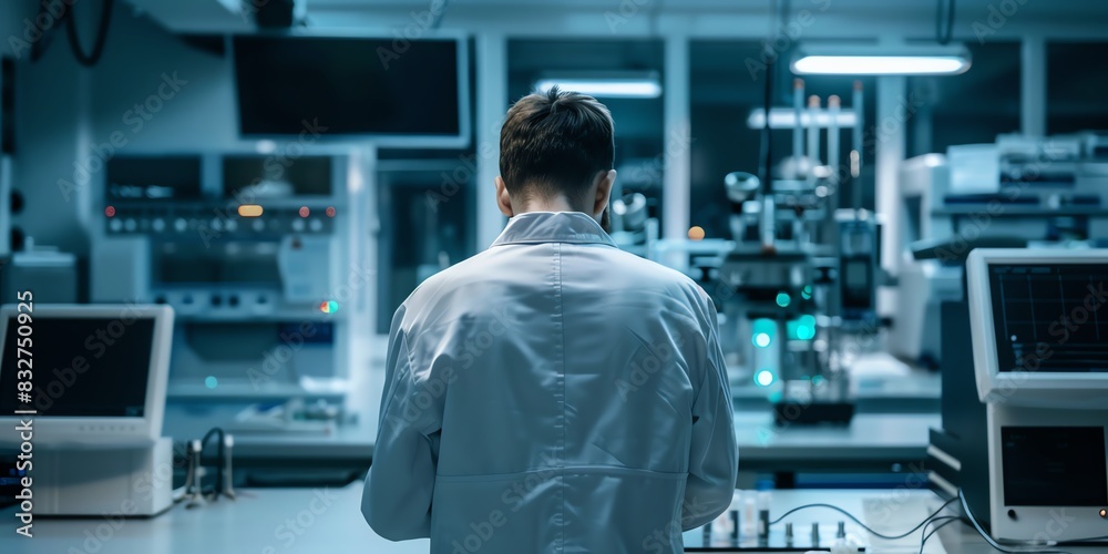 Lab technician in the lab, back view, using automated lab machinery, hightech research environment Lab technician in the lab, back view, using automated lab machinery, hightech research environment