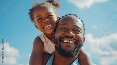 Father and daughter enjoy and happily in nature with quality time together outdoors. Happiness, laughing and family love of a dad and kid in a park enjoying nature hugging with care and a smile