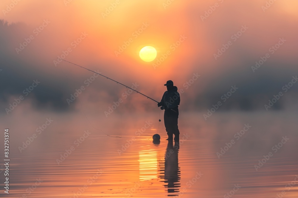 Foggy Sunrise Fishing Scene: Fisher Casts Line on Water