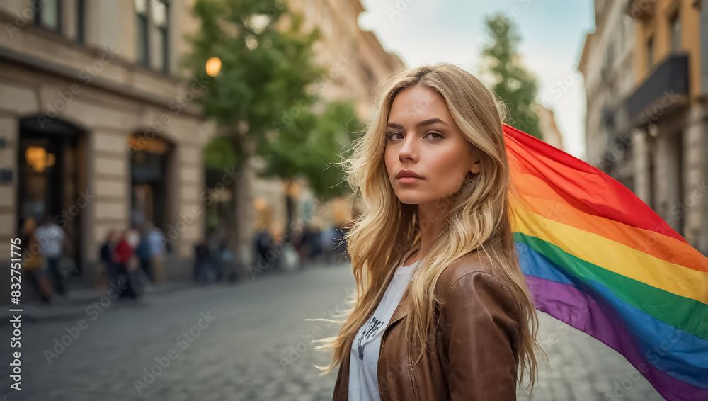 Fototapeta premium Beautiful girl with a rainbow flag on the street