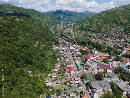 view of the Carpathian Mountains, the Tisza River and the city of Rakhiv, Ukraine