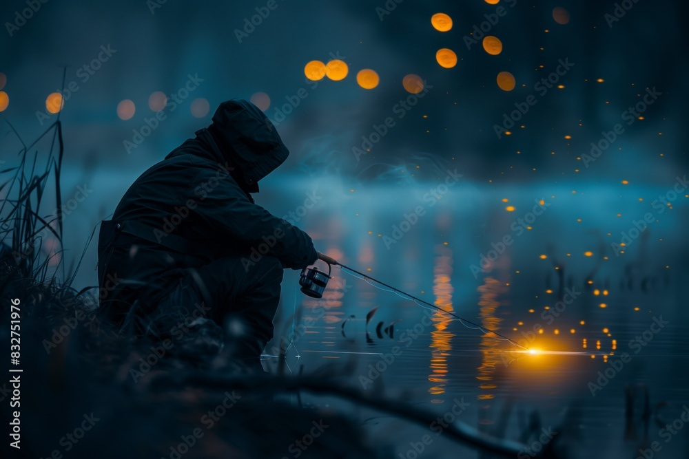 Night Fishing: Angler with Lantern Light Reflections