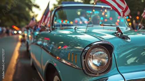 Classic car with American flags in a parade during a celebration