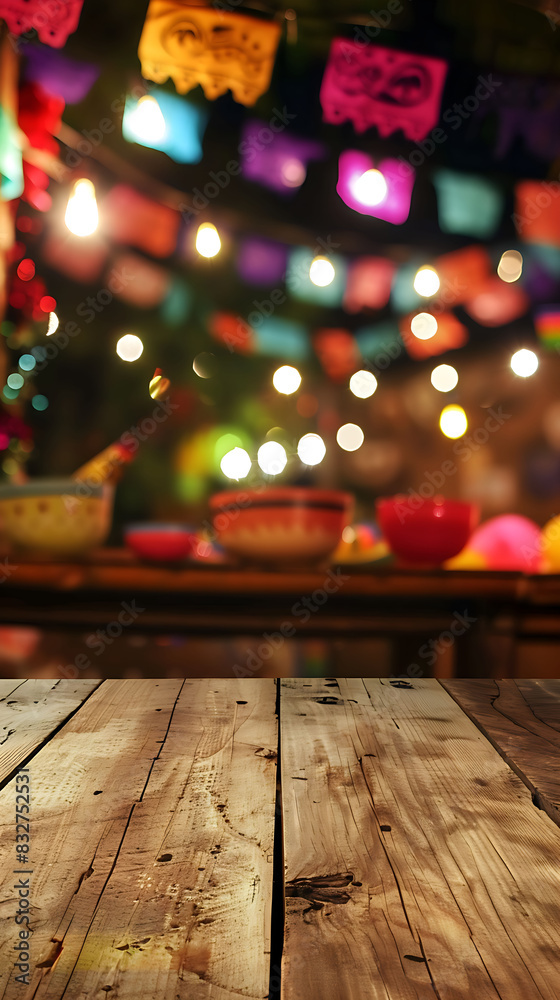 Wooden table, space to place advertising, product or brand. Mexican restaurant outdoors at night, Mexican decorations Wooden table, space to place advertising, product or brand. Mexican restaurant outdoors at night, Mexican decorations
