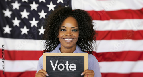 woman holding banner with VOTE photo