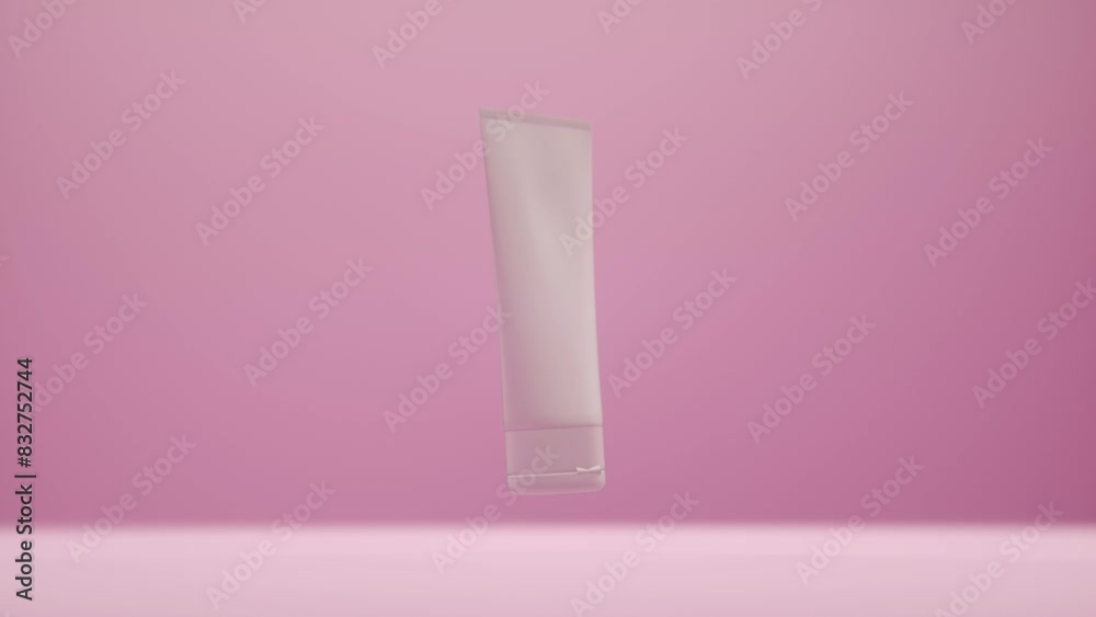 Plastic cosmetic white tube package for bb-cream, scrub, tonic, toothpaste, body care. Bottle on gently pink background slowly rotates in air for product design and advertising Plastic cosmetic white tube package for bb-cream, scrub, tonic, toothpaste, body care. Bottle on gently pink background slowly rotates in air for product design and advertising