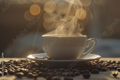 Steaming Coffee Cup with Coffee Beans and Bokeh