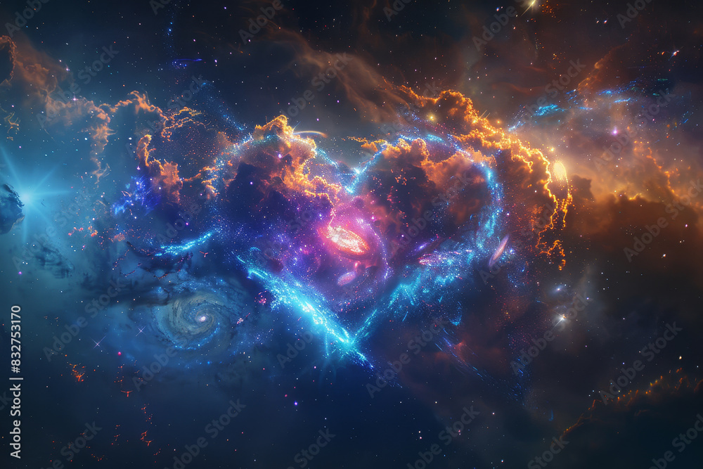 A colorful heart is surrounded by clouds in a deep blue sky A colorful heart is surrounded by clouds in a deep blue sky