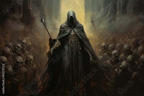 A mysterious and powerful necromancer, raising armies of undead to serve their bidding. - Generative AI