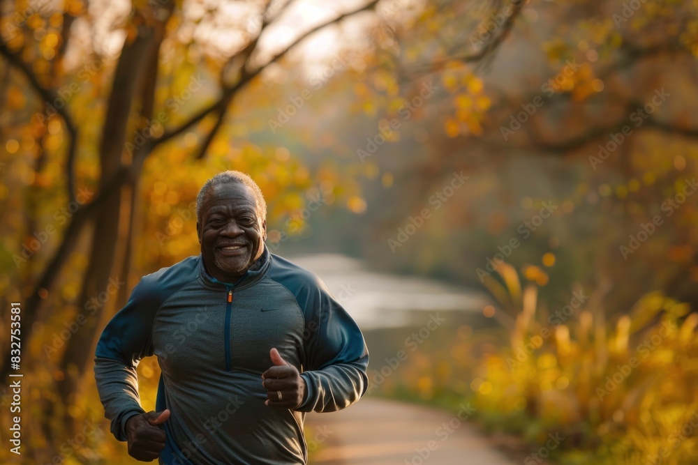 Joyful senior African American man stretching during a group workout in a sunny park. Joyful senior African American man stretching during a group workout in a sunny park.