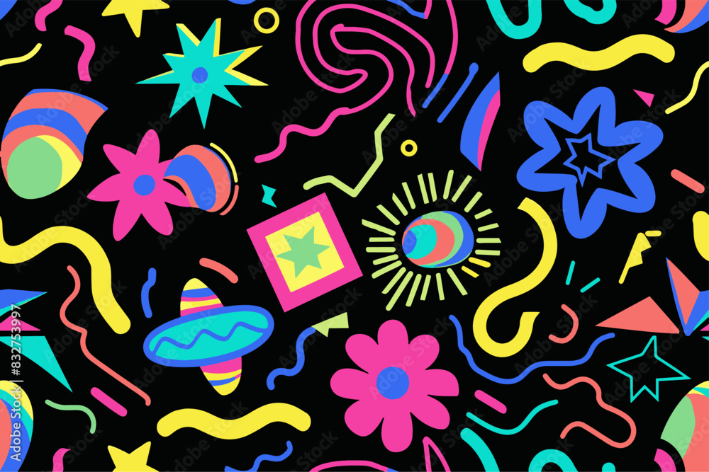 Fototapeta premium Fun shapes children seamless pattern. Flower geometric neon bright color funky groovy 90s cartoon isolated print pattern. Vector illustration on black background