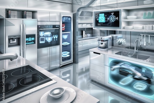 High-tech kitchen with integrated smart appliances and touch-screen controls.