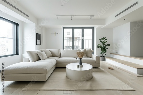 Minimalist living room with a monochromatic color palette and clean lines.