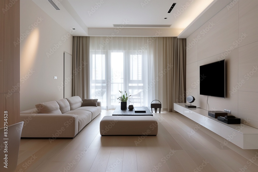 Fototapeta premium Minimalist living room with a neutral palette and sleek design.