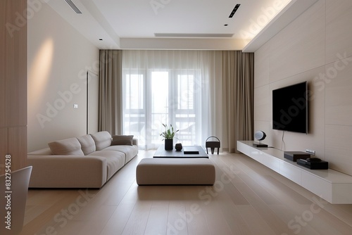 Minimalist living room with a neutral palette and sleek design. © Abda