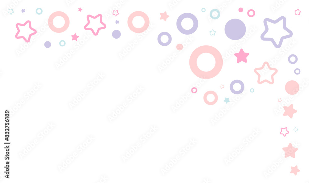 Pastel simple stars and circles corner particles. Vector illustration.	