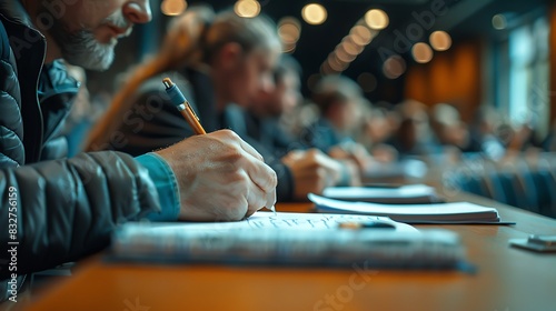 Classroom Study, Man Takes Notes During Lecture for Understanding photo